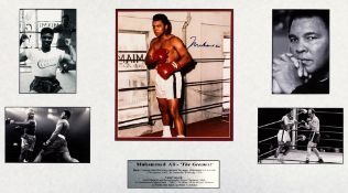 A signed Muhammad Ali photo montage, comprising a central 10 by 8 in. colour photograph signed in
