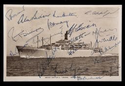 A postcard of the R.M.S. "Orsova" signed in ink by the England team to Australia in 1954-55,
20