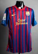 Lionel Messi: a red & blue striped Barcelona No.10 jersey,
short-sleeved, LFP badge and another
