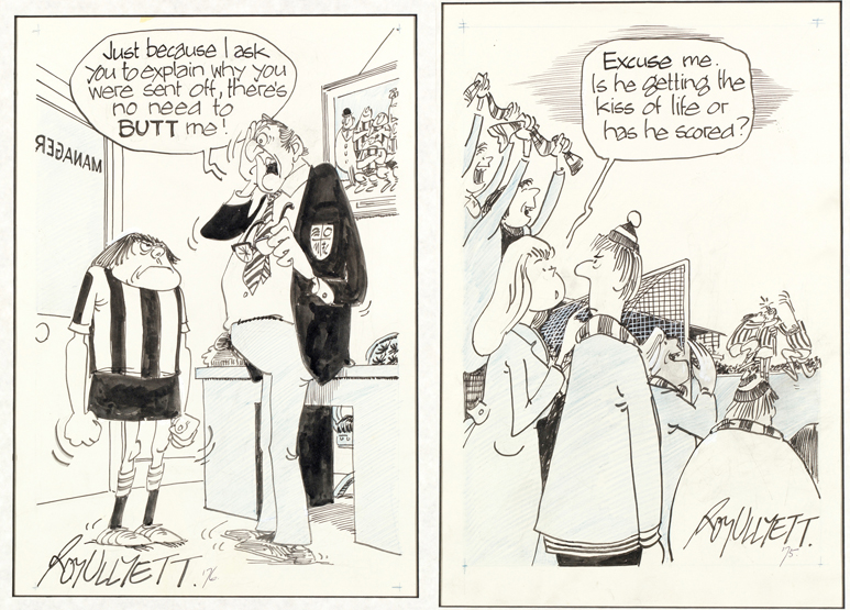 Two original Roy Ullyett artworks for football cartoons published in the Daily Express newspaper