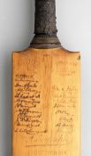 A profusely signed 1930s cricket bat,
signed in ink to the face and the reverse, two England teams