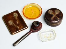 A Collection of Bijou Lawn Tennis items,
consisting of a matching, c1900 copper snuff box and sprung