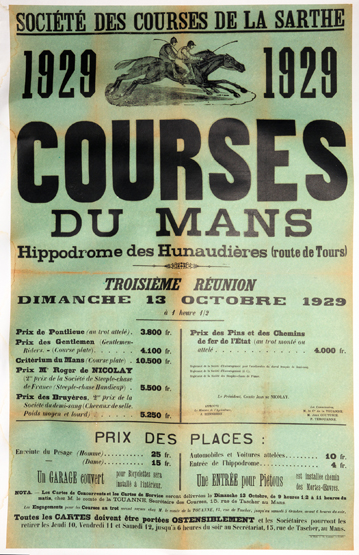 A French horse racing poster for a meeting at Le Mans 13th October 1929,
backed onto linen,