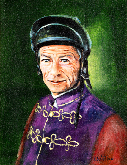 J. Withey (contemporary)
PORTRAIT OF LESTER PIGGOTT IN THE ROYAL COLOURS
signed, oil on canvas,