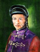 J. Withey (contemporary)
PORTRAIT OF LESTER PIGGOTT IN THE ROYAL COLOURS
signed, oil on canvas,