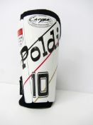 A Lukas Podolski shin pad,
personalised POLDI, 10, and with Coat of Arms,