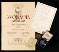 A Helsinki 1952 Olympic Games silver second place prize medal and second place diploma awarded to