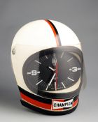 Champion novelty wall clock in the form of a full-face race helmet,
the white on black dial behind a