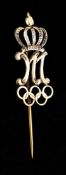 A scarce silver-gilt London 1948 Olympic Games stick pin for a royal dignitary,
with an initial