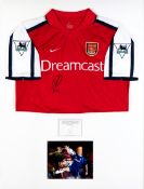 A signed and match-worn Robert Pires red and white Arsenal jersey season 2000/01, signed in black