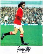 A signed colour photograph of George Best, 10 by 8 in., signature in black marker pen, mounted,