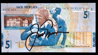 A Royal Bank of Scotland five pounds banknote autographed by Jack Nicklaus,
signed in black marker