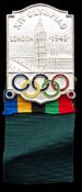 A London 1948 Olympic Games official's badge,
silvered metal with enamel Olympic Rings, ribbon