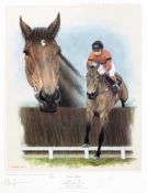 A limited edition print of Dawn Run signed by Jonjo O'Neill, additionally signed by the artist Peter