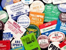 A collection of 32 American tennis press badges many named to H.O. Zimman, 1970s and 1980s,
issues