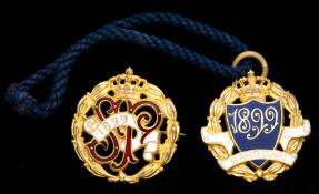 Two Sandown Park member's badges both dated 1899,
in gilt-metal & enamel, gents & ladies