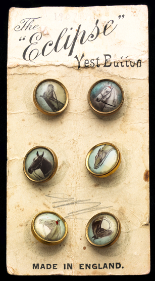 A set of six "Eclipse" gentlemen's vest buttons,
all set with a print of a thoroughbred's head, on