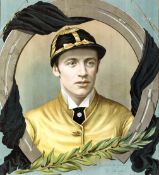 A memorial colour lithograph of the jockey Fred Archer circa 1886, portrayed in the colour of the