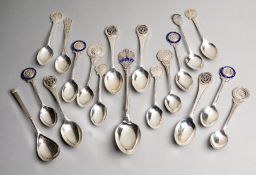 19 various silver tennis spoons,
all hallmarked, many with enamelling, and examples named to lawn