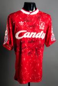A team-signed red Liverpool No.16 jersey from the 1991 Caltex Cup v Arsenal in Singapore,
signatures