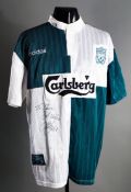 Stan Collymore: a signed green & white quartered Liverpool No.8 away jersey seasio 1995-96,
short-