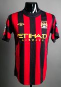 David Silva: a red & black striped Manchester City Champions League away jersey,
short-sleeved, UEFA