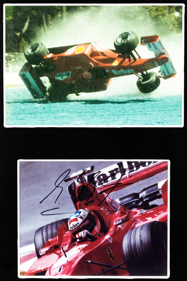 Two Michael Schumacher signed Ferrari framed photographs,
the first in a montage of two items, the