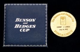 A cased 1993 Benson & Hedges Cup final awarded to the cricket umpire Barrie Meyer,
inscribed THE