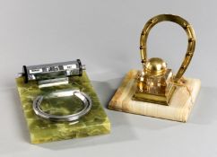 Two racing-themed desk accessories,
an inkstand with brass horseshoe & jockey cap lid for opening