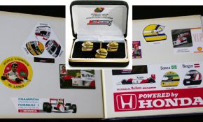 Ayrton Senna race helmet cufflinks-tie pin set and sticker collection,
the helmet-shaped, coloured