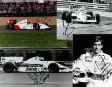 Ayrton Senna signed Formula 1 photos,
his marker pen signature dated 'Brazil 84' on two black &