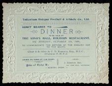 An admittance ticket to the Tottenham Hotspur 1901 F.A. Cup celebration banquet,
held at The King'