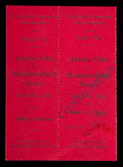 A rare and unusual ticket for the 1920 F.A. Cup Final Aston Villa v Huddersfield Town played at