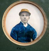 Colour tinted photographic cameos of jockeys circa 1900,
the circular portraits in slight raised