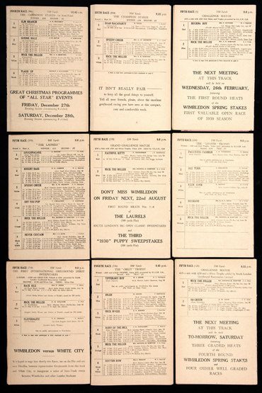 Nine Wimbledon greyhound racecards featuring "Mick The Miller",
i) 10.10.29 International
ii) 20.