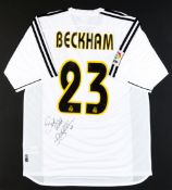 A signed David Beckham white Real Madrid No.23 jersey, signed in black marker pen and inscribed “