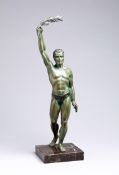 "Le Vainqueur",
a spelter figure of a classical athlete holding aloft laurel, green patina, set on a