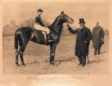 A photogravure of Minoru held by H.M. King Edward VII in 1909, with jockey Herbert Jones up and
