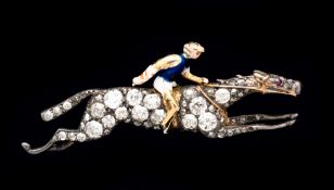 A silver gilt and diamond encrusted ladies racehorse & jockey brooch circa, ruby eye, jockey in blue