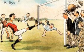 Three modern reproduction colour football prints after Harry Rountree, all depicting humorous