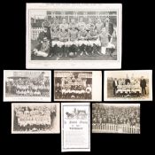 A collection of 17 postcards and 11 mounted pictures of football team groups and individual players,
