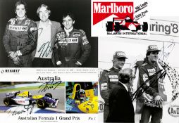 Alain Prost and F1 team-mates double-signed ephemera,
two large black & white photo prints, one also