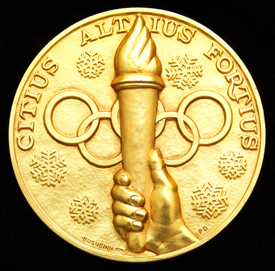 A rare St Moritz 1948 Winter Olympic Games gold winner's prize medal,
designed by Paul Andre Droz,