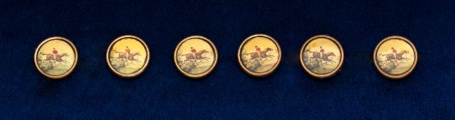 A set of six Edwardian gentlemen's buttons each set with an identical print of a steeplechaser &