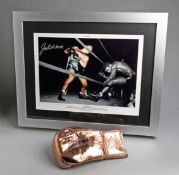 A Jake La Motta signed boxing glove cast,
a Boxing Hall of Fame 10th anniversary metallic