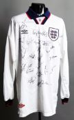 A Graeme Le Saux white England No.3 international jersey signed by a Terry Venables England squad in