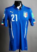 Andrea Pirlo: a blue Italy No.21 2014 World Cup jersey,
short-sleeved, FIFA tournament and "Football
