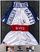 Double mounted boxing trunks signed by Arturo Gatti and Micky Ward, mounted above one another,
