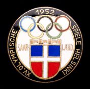 A 1952 Helsinki Olympic Games Saarland National Olympic Committee badge,
enamelled with flag and