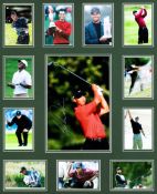 A Tiger Woods signed photographic montage, a central 12 by 8 in. colour photograph signed in